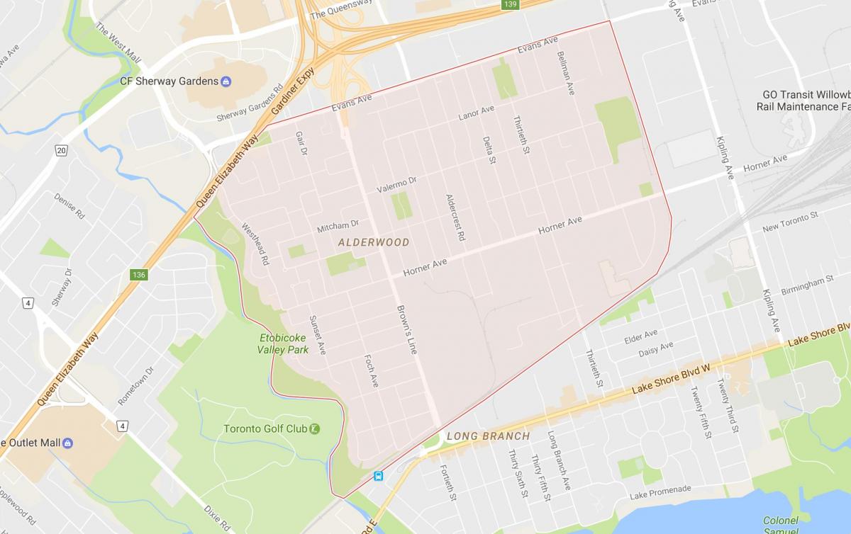 Kaart van Alderwood Parkview buurt van Toronto