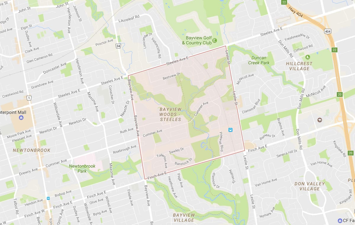 Kaart van Bayview Bos – Steeles buurt van Toronto