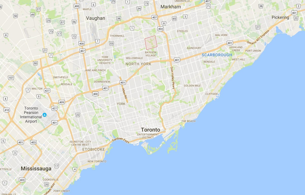 Kaart van Bayview Bos – Steeles district van Toronto