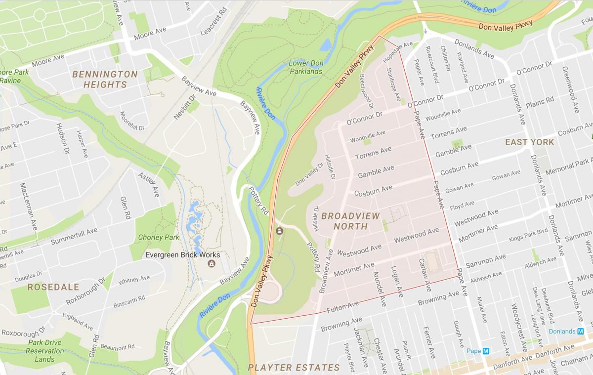 Kaart van Broadview Noord wijk van Toronto