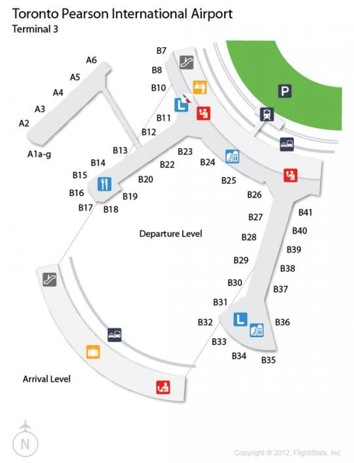 Kaart van de luchthaven Toronto Pearson komst niveau terminal 3