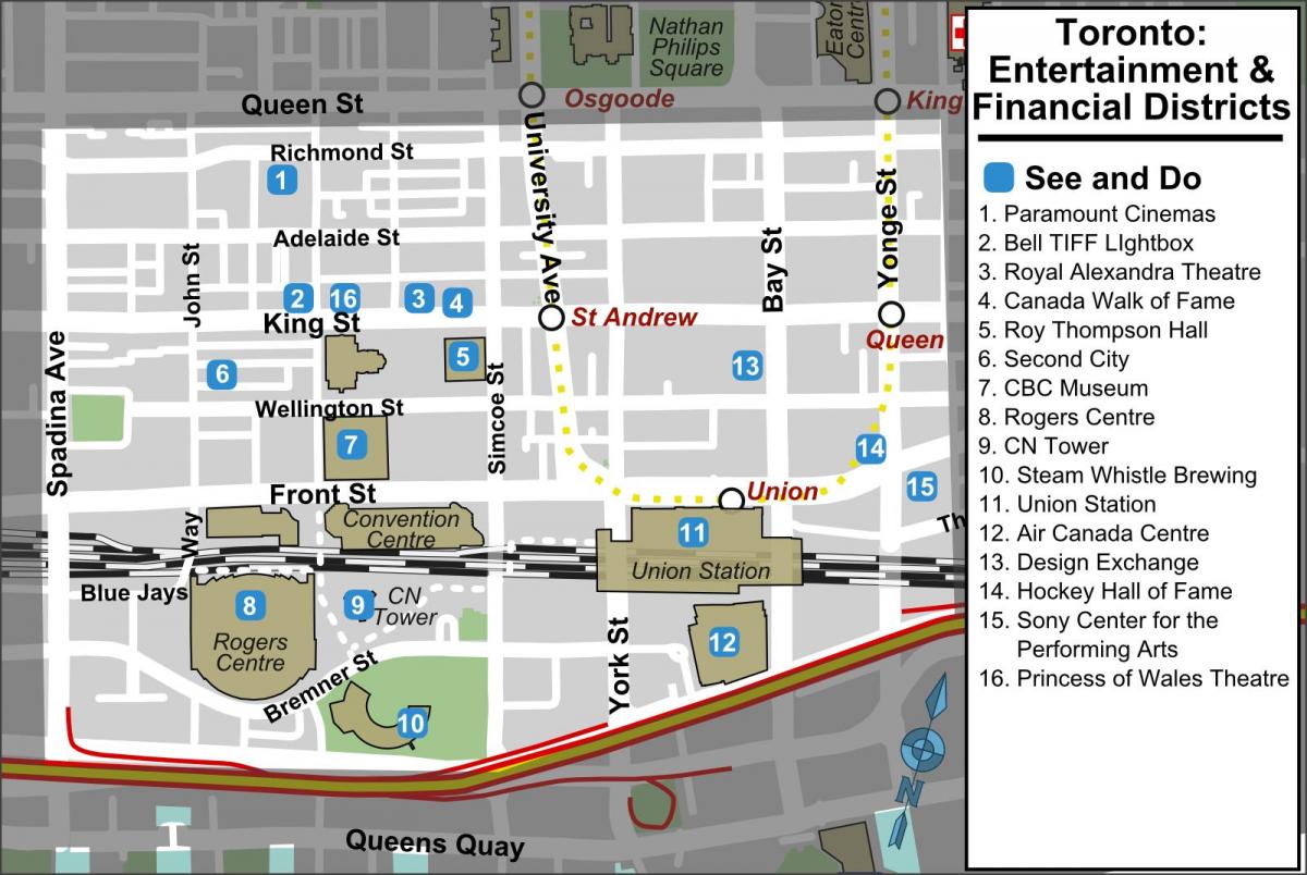 Kaart van Entertainment en financiële wijken van Toronto