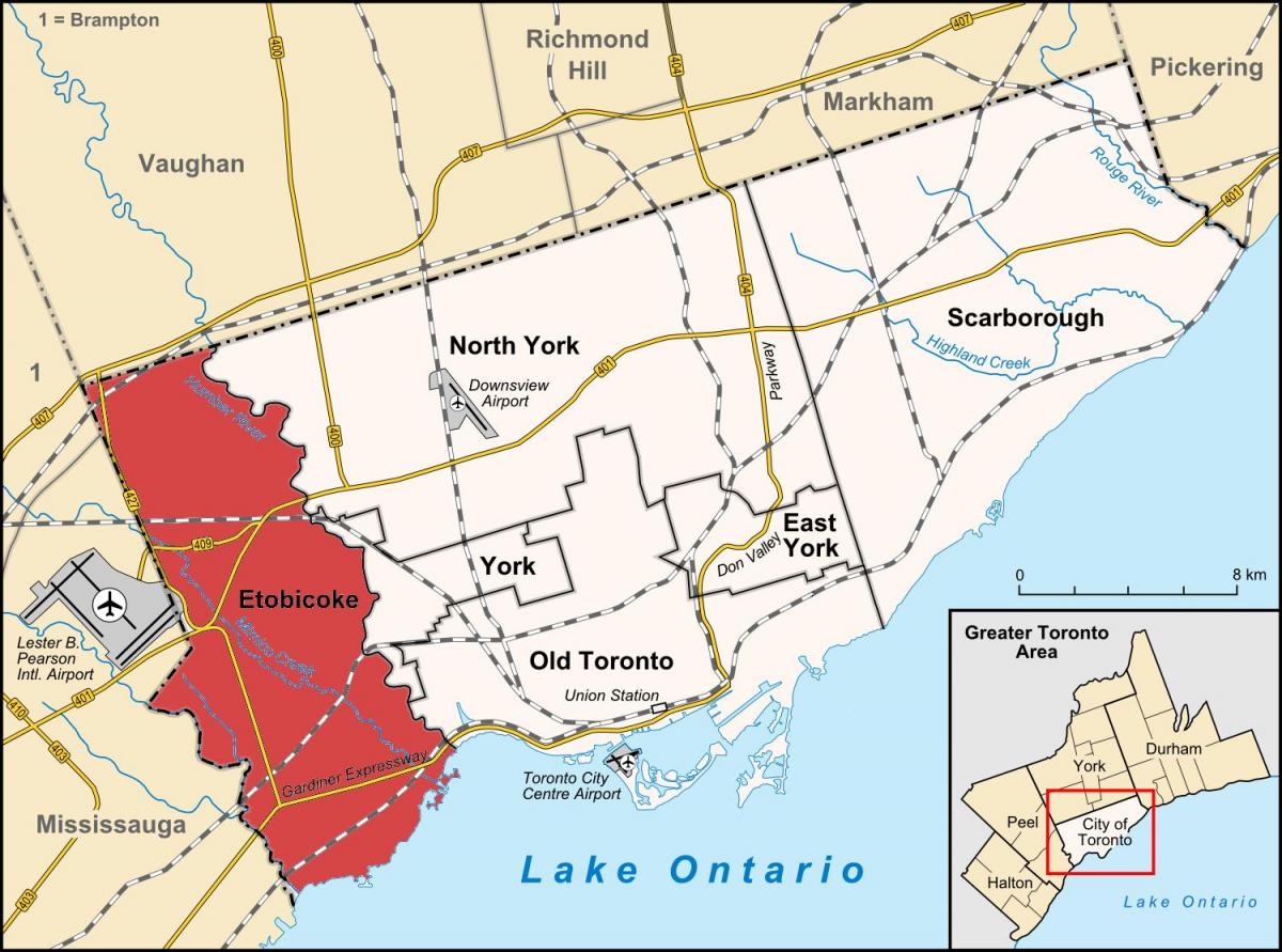 Kaart van Etobicoke district van Toronto