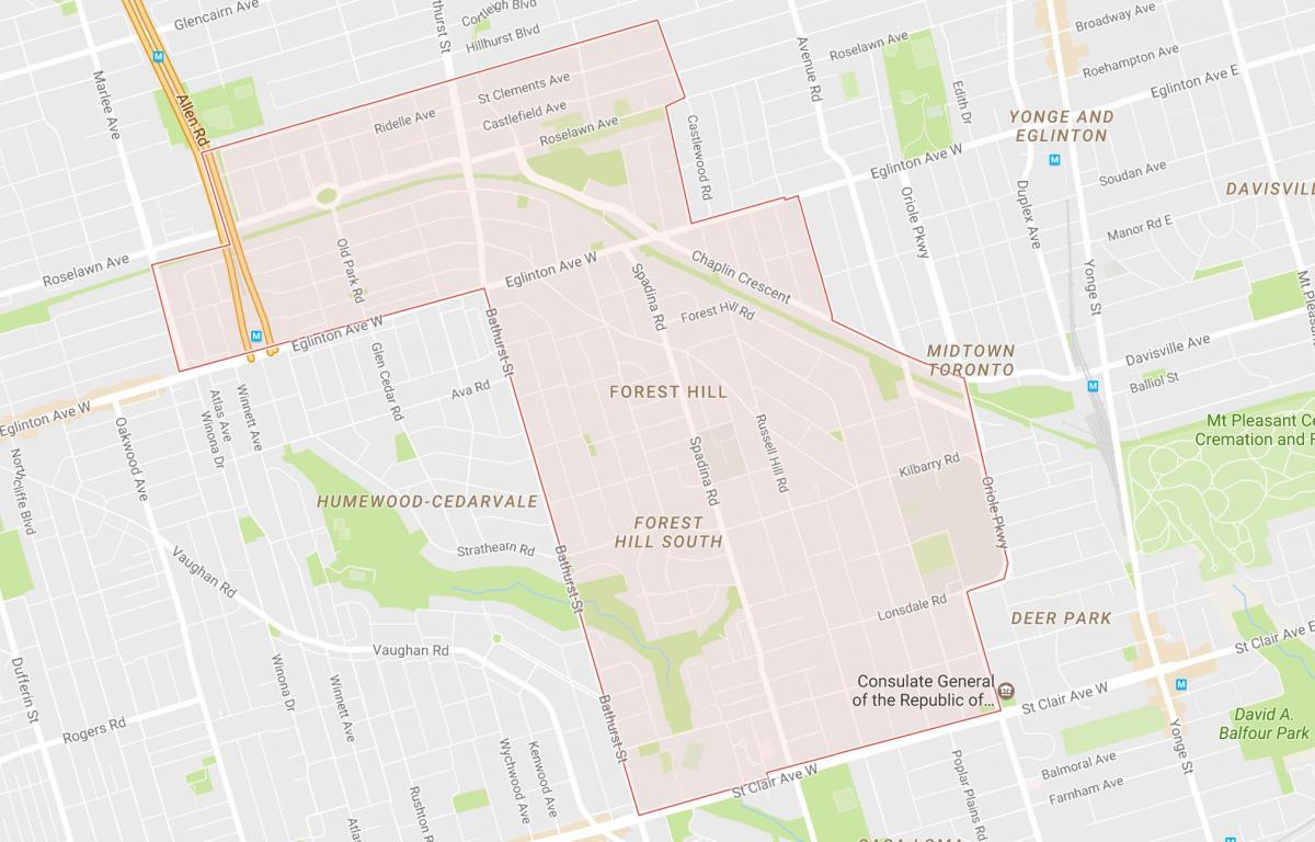 Kaart van Forest Hill, een wijk van Toronto
