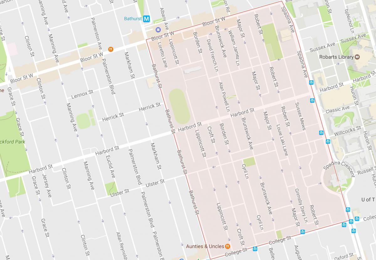 Kaart van Harbord Dorp wijk van Toronto
