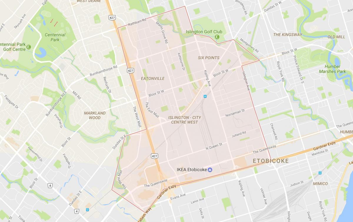 Kaart van Islington-Centrum West-buurt Toronto