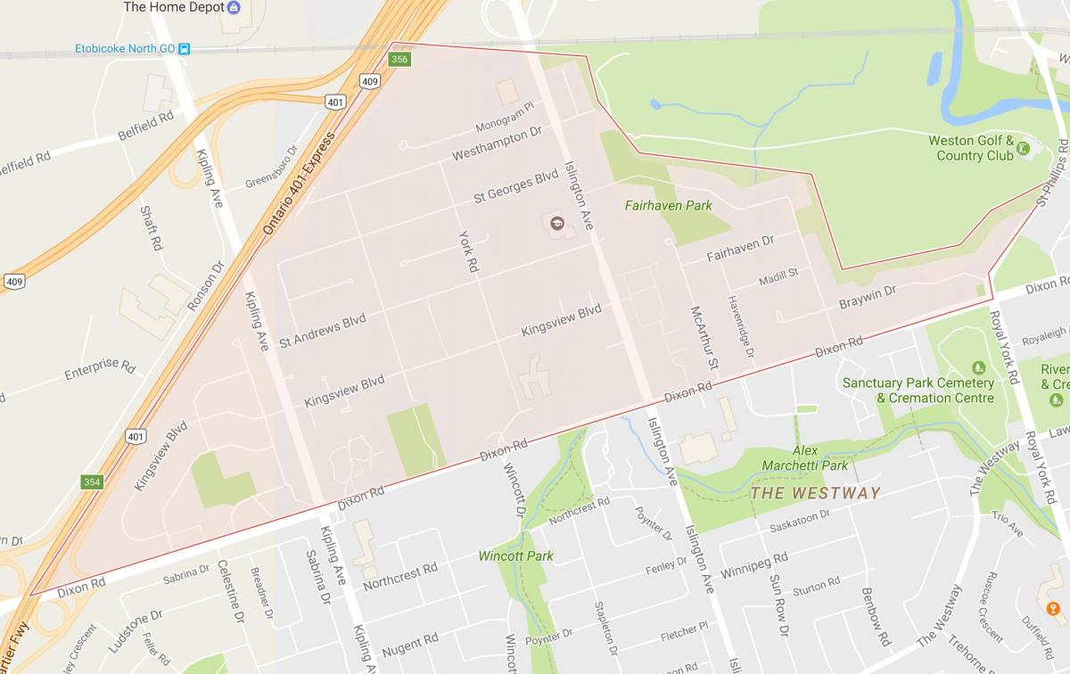 Kaart van Kingsview Dorp wijk van Toronto