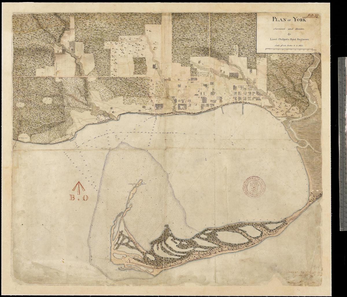 Kaart van het land van York in Toronto eerste eeuw na 1787-1884