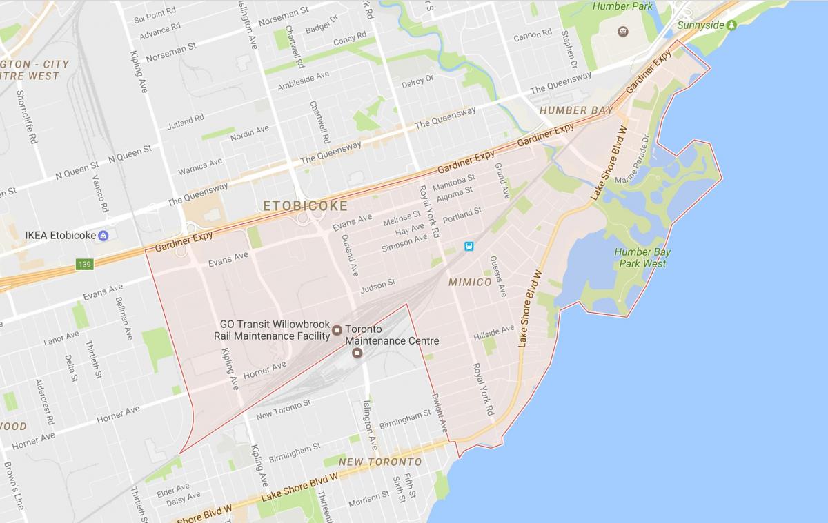 Kaart van Mimico buurt van Toronto