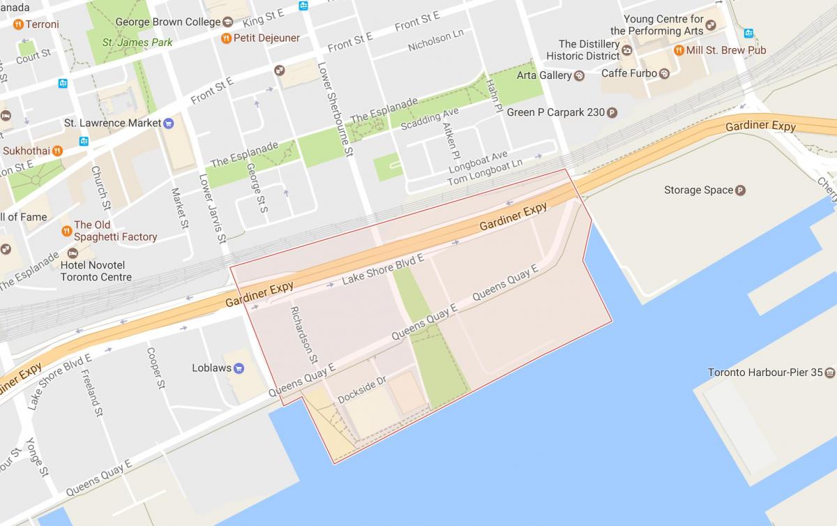 Kaart van Oost-Bayfront buurt van Toronto