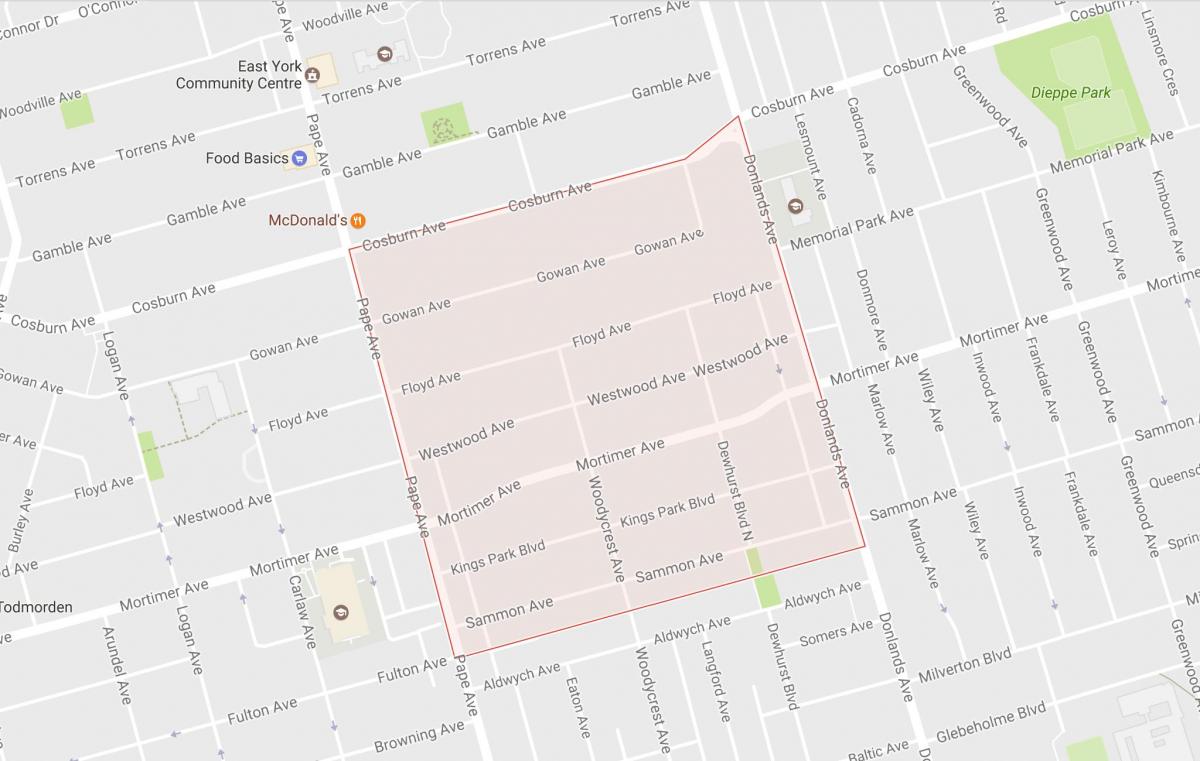Kaart van Pape Dorp wijk van Toronto