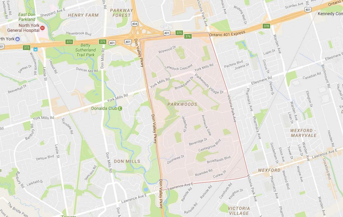 Kaart van Parkwoods buurt van Toronto
