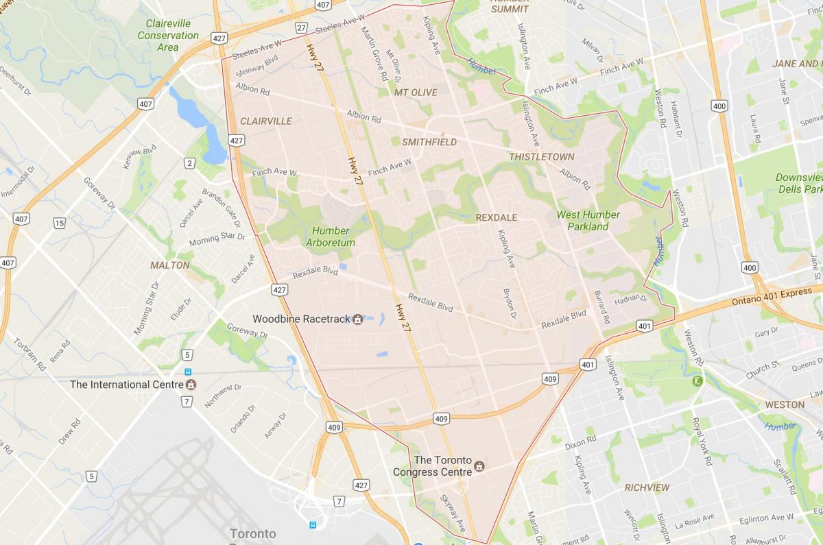 Kaart van Rexdale buurt van Toronto