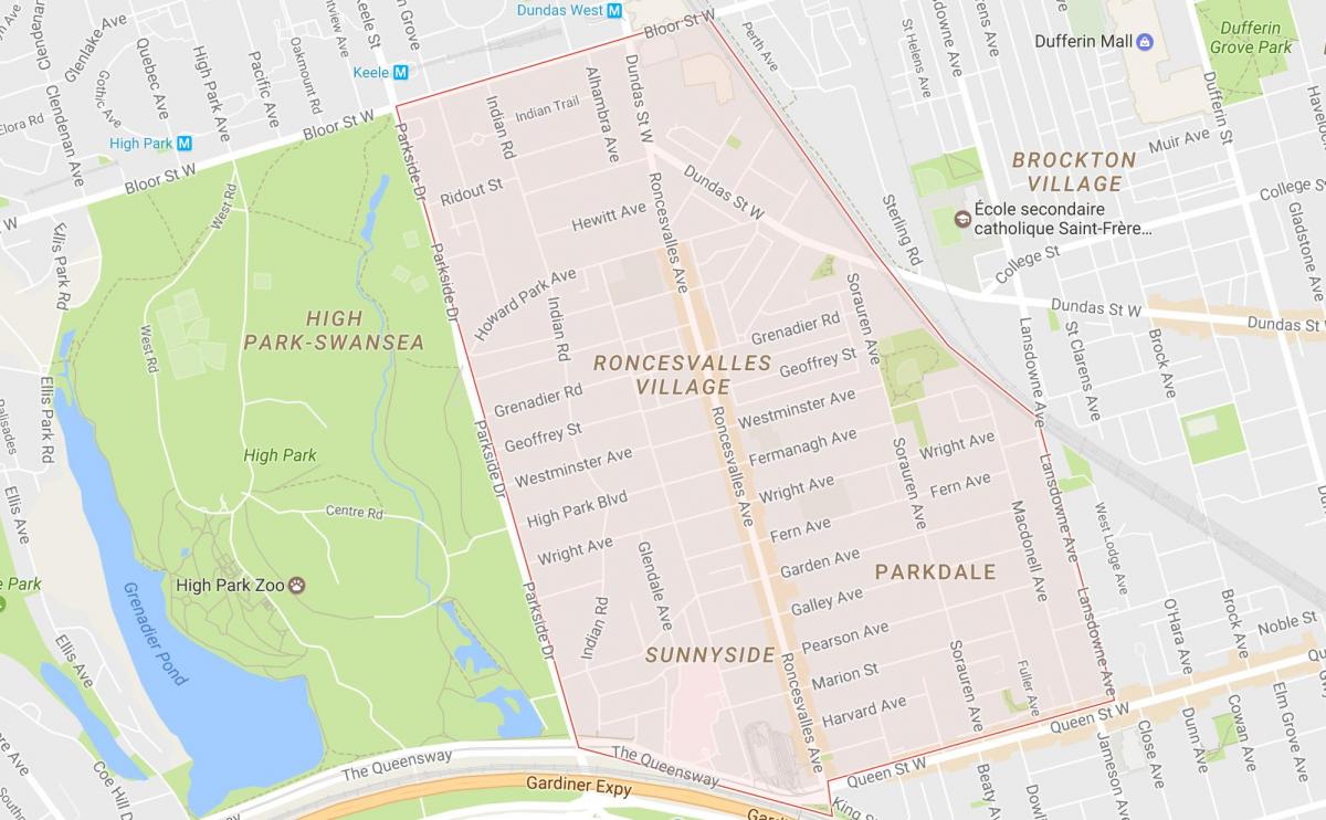 Kaart van Roncesvalles buurt van Toronto
