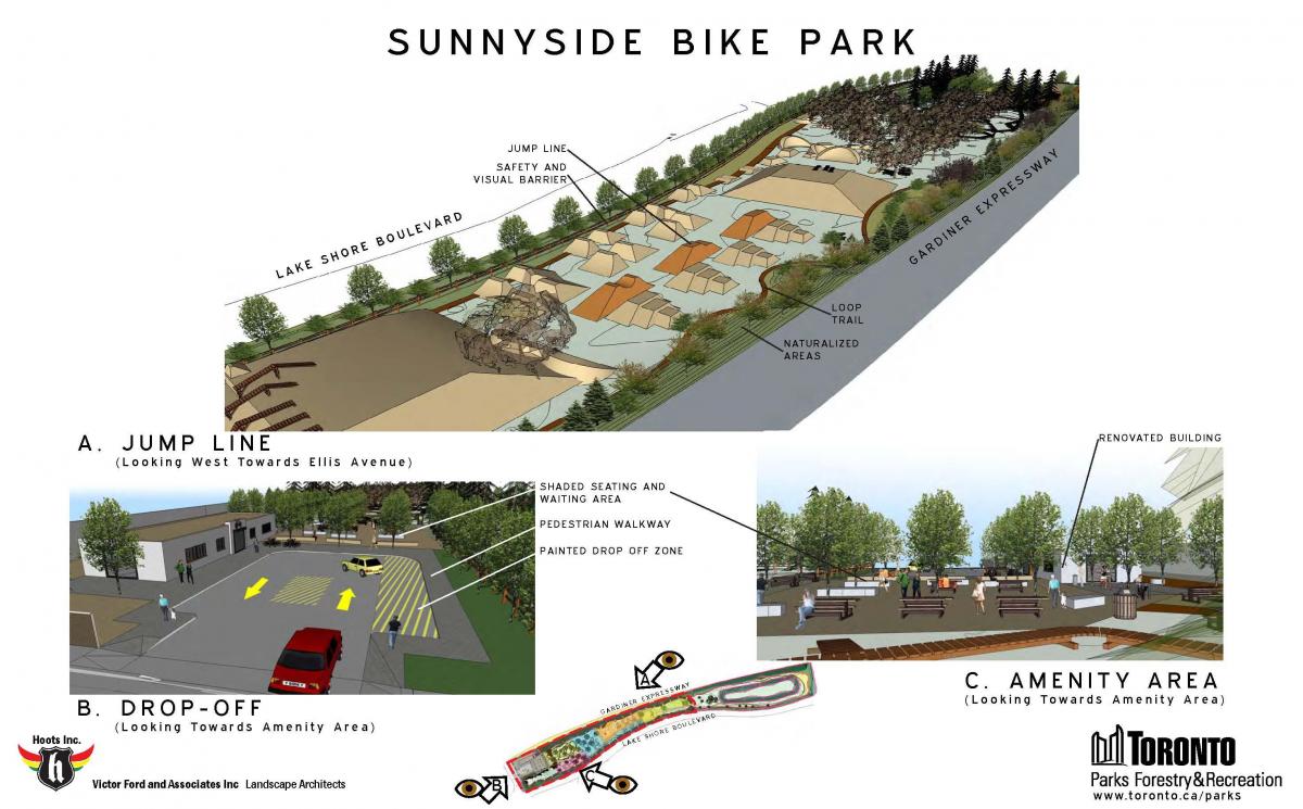 Kaart van Sunnyside bike park Toronto jump lijn