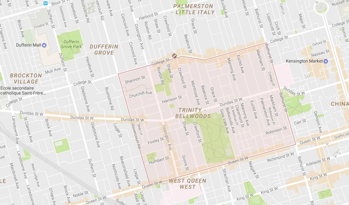 Kaart van de drie-eenheid–Bellwoods buurt van Toronto