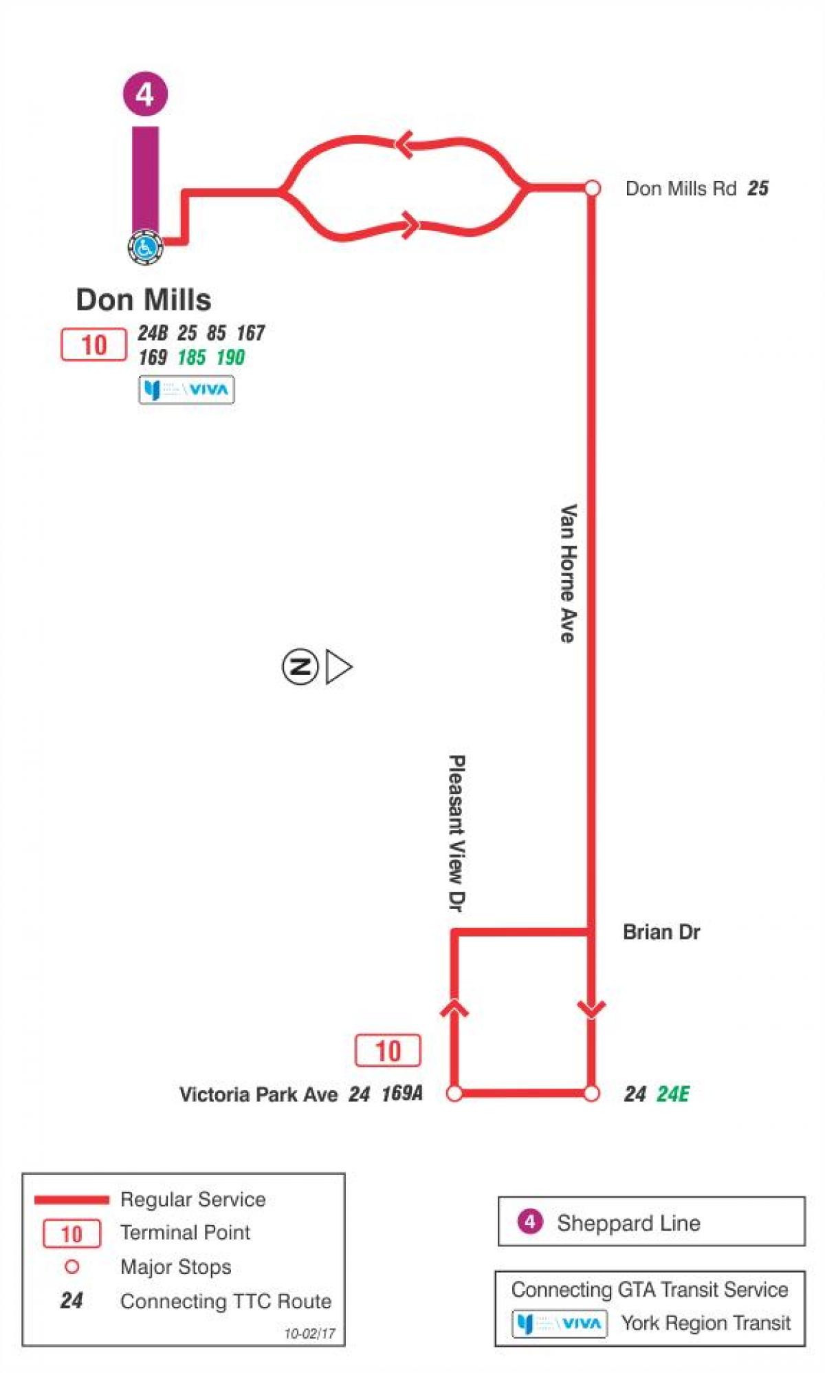 Kaart van TTC 10 Van Horne bus route Toronto