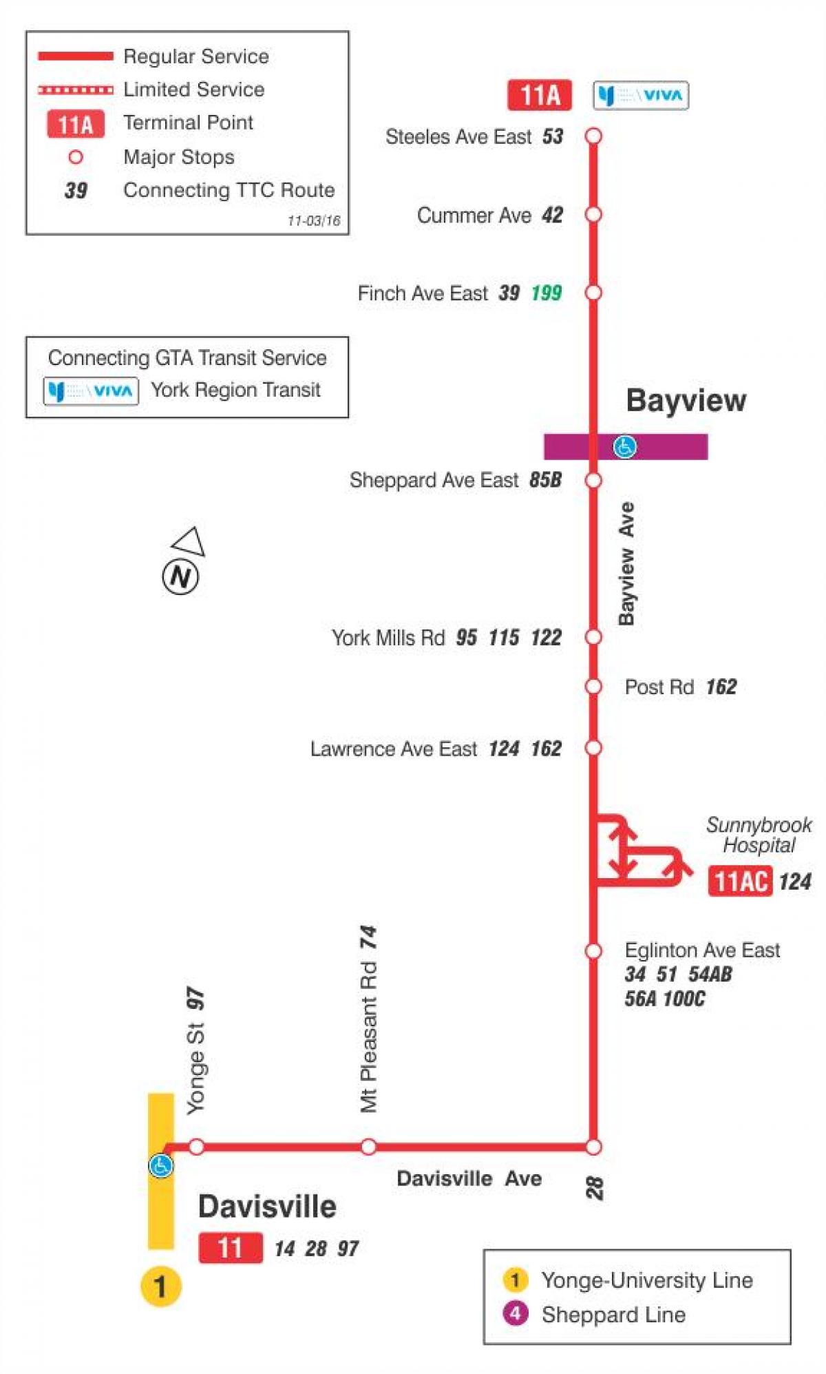 Kaart van TTC 11 Bayview bus route Toronto