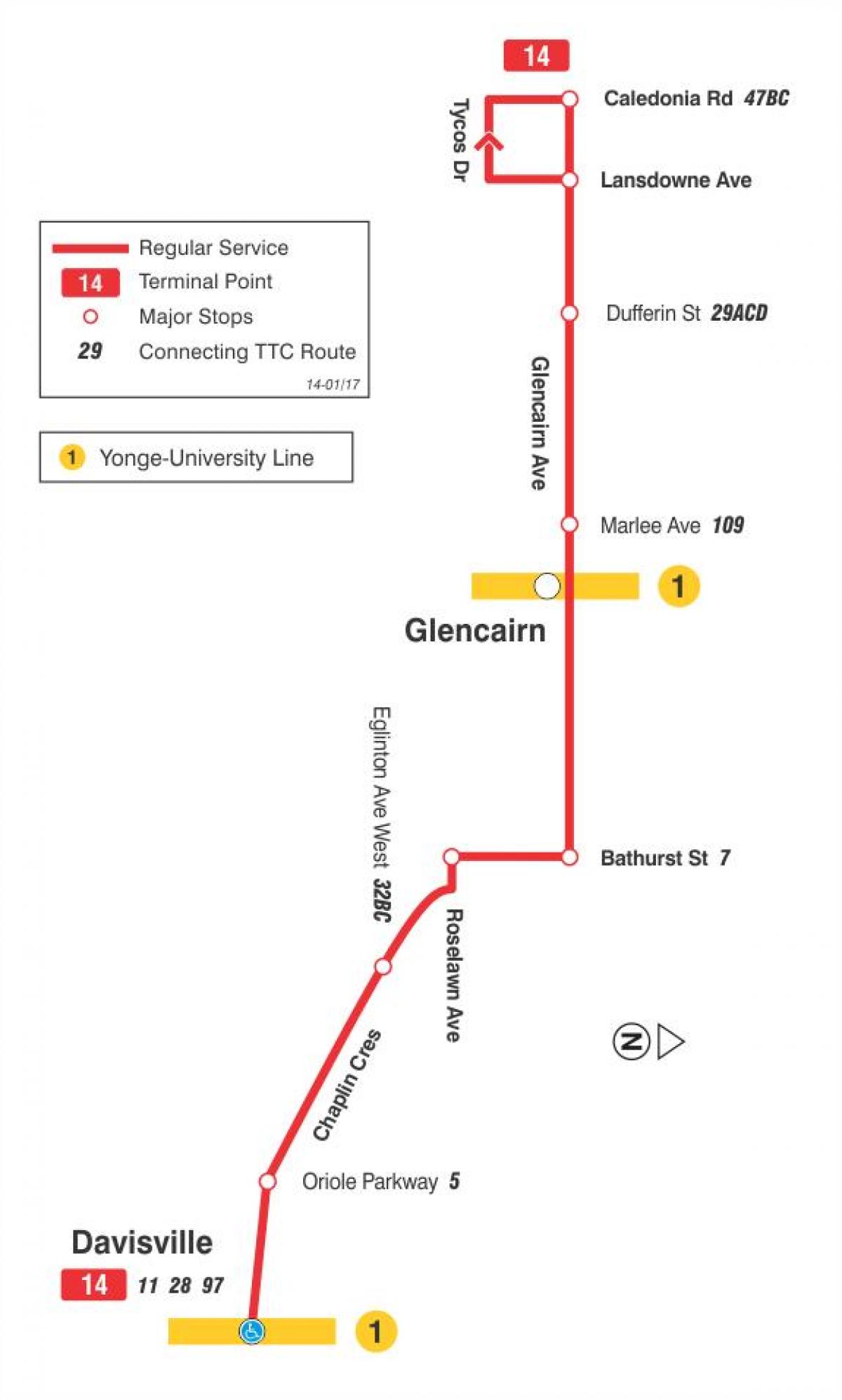 Kaart van TTC 14 Glencairn bus route Toronto