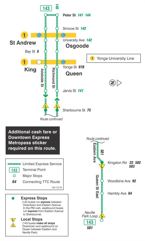 Kaart van TTC 143 het Centrum / Strand Express bus route Toronto
