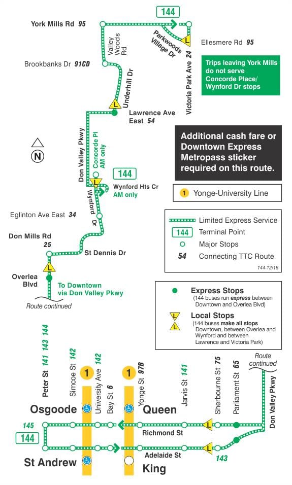 Kaart van TTC 144 Downtown / Don Valley Express bus route Toronto