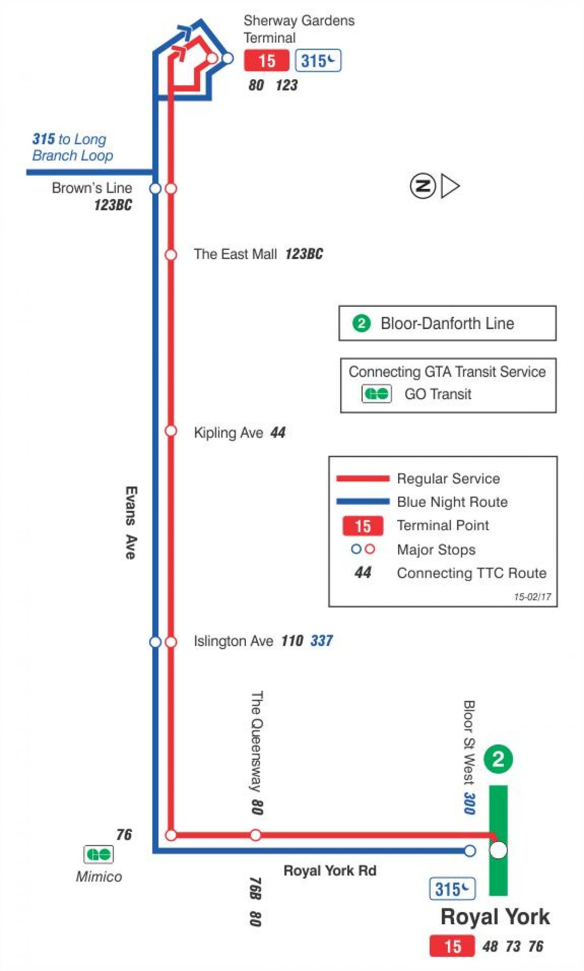 Kaart van TTC 15 Evans bus route Toronto