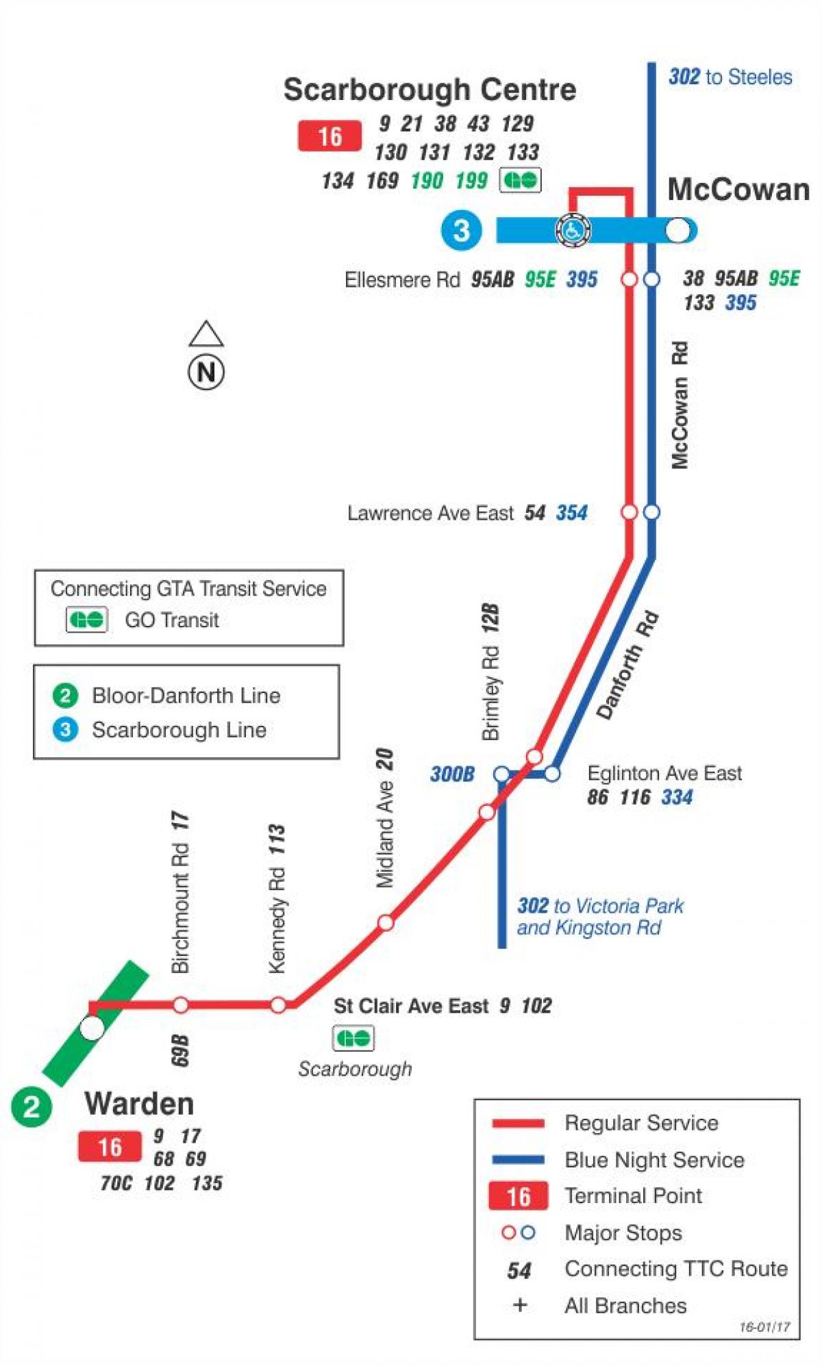 Kaart van TTC 16 McCowan bus route Toronto