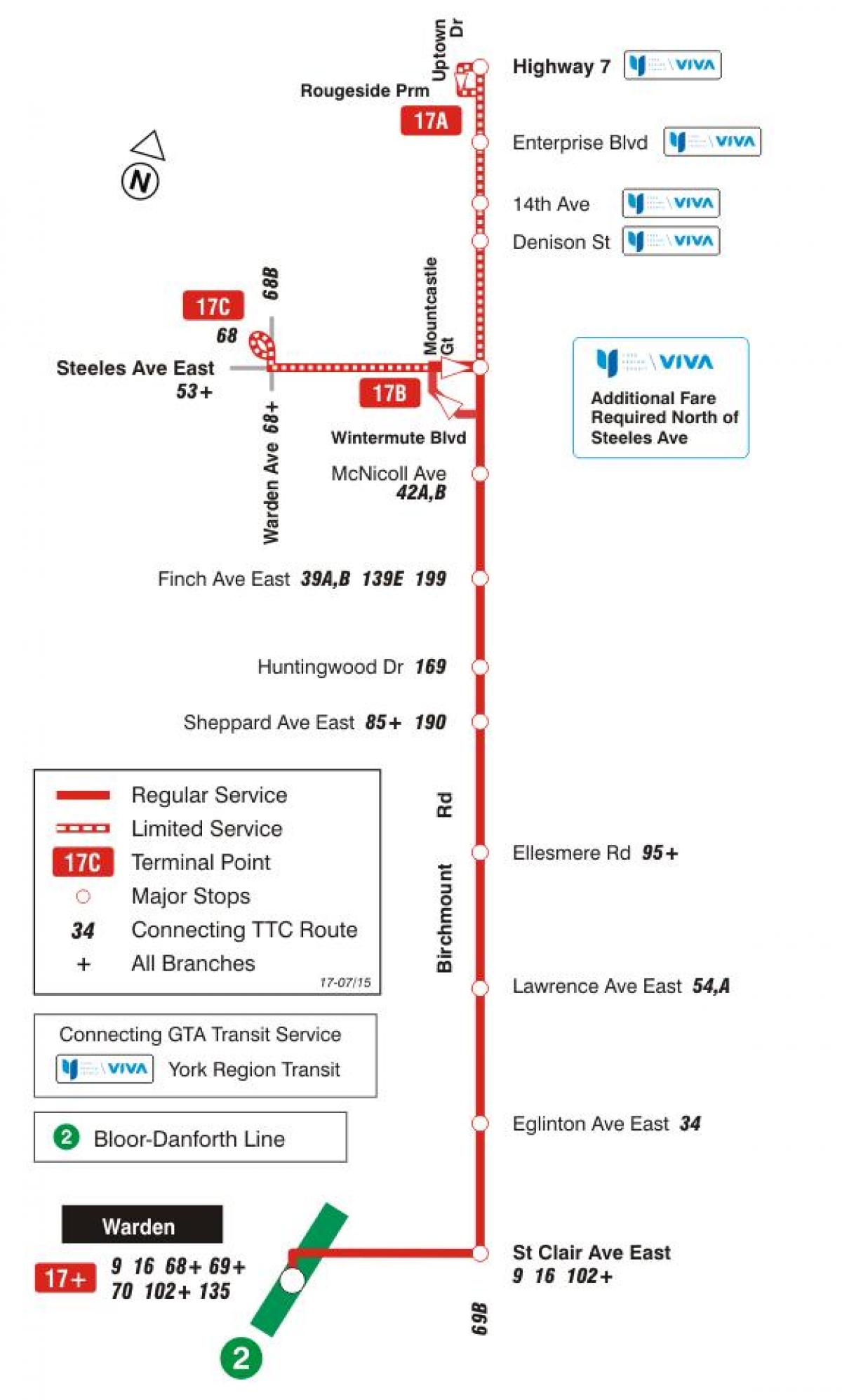Kaart van TTC 17 Birchmount bus route Toronto