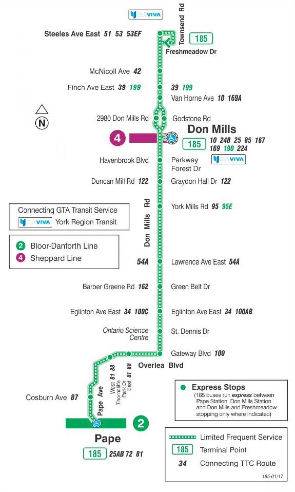 Kaart van TTC 185 Don Mills Raket bus route Toronto