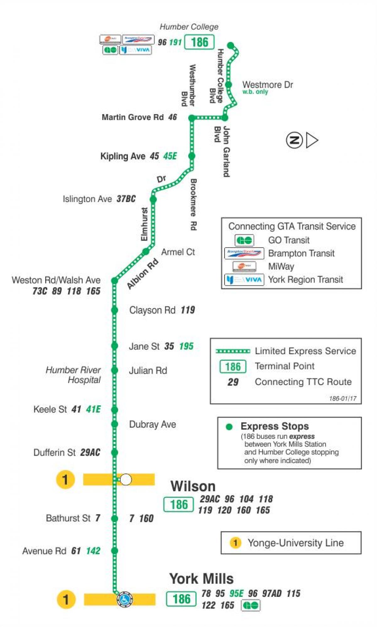 Kaart van TTC 186 Wilson Raket bus route Toronto
