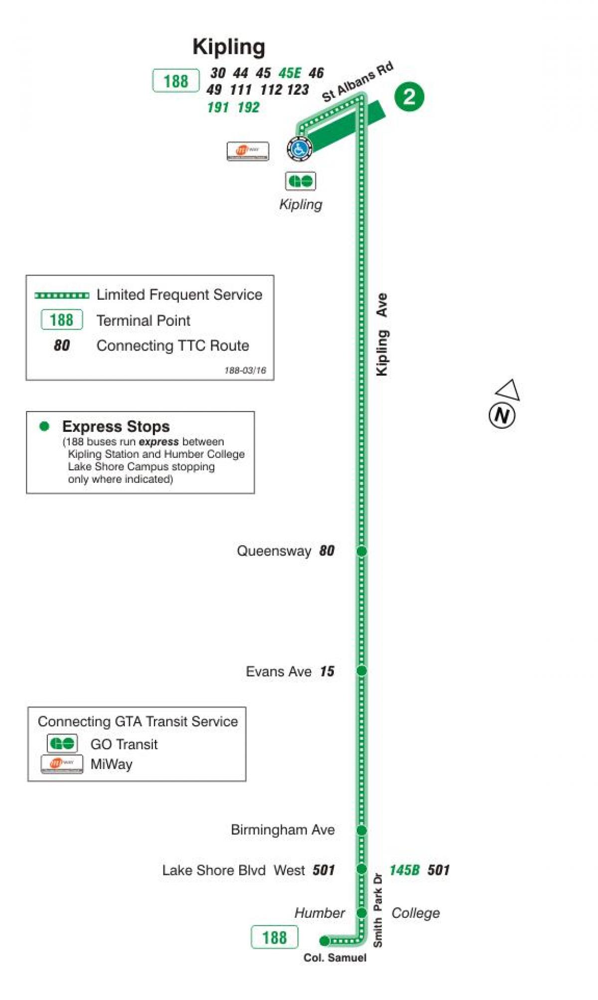 Kaart van TTC 188 Kipling Zuid-Raket bus route Toronto