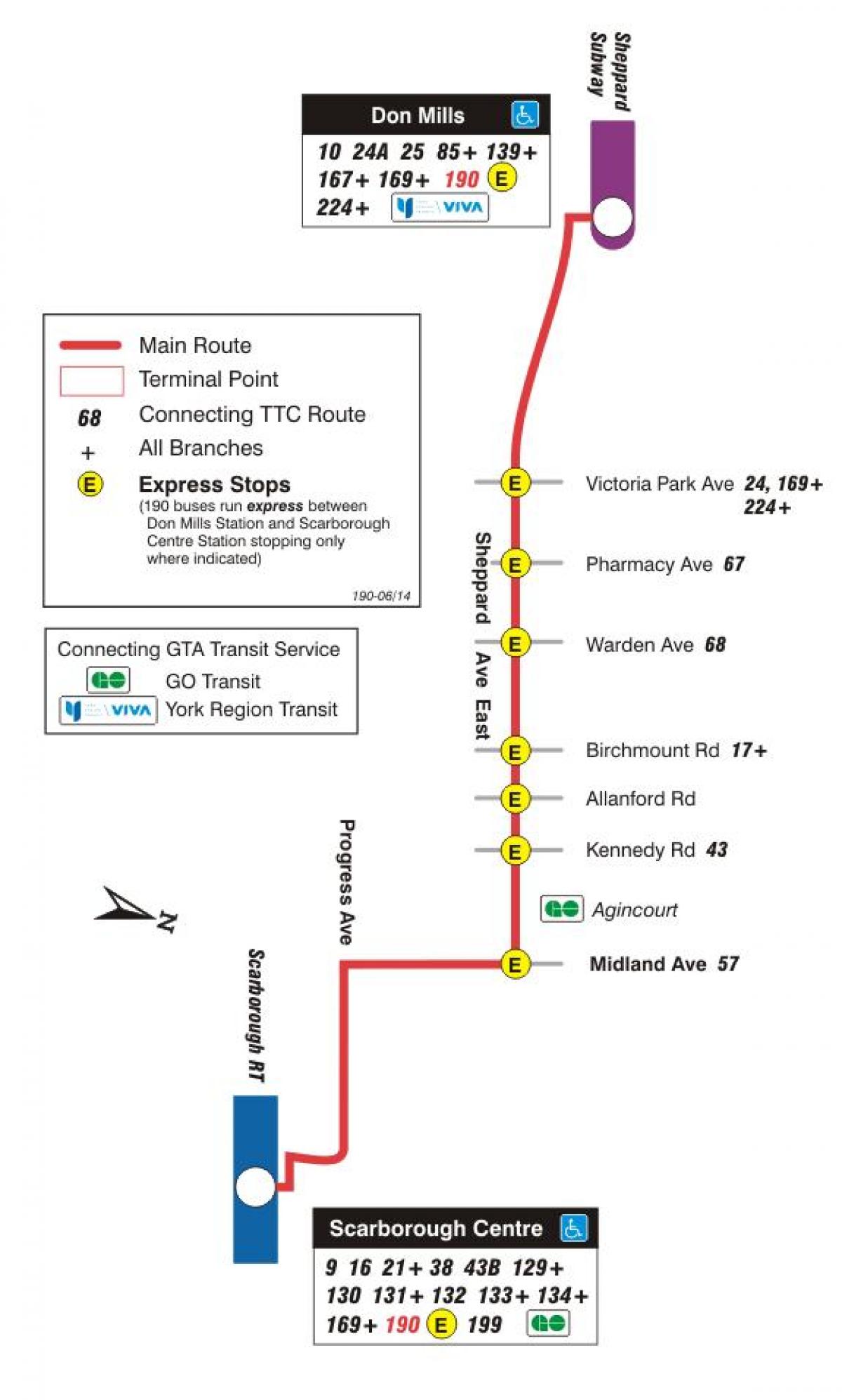 Kaart van TTC 190 Scarborough Centre Raket bus route Toronto