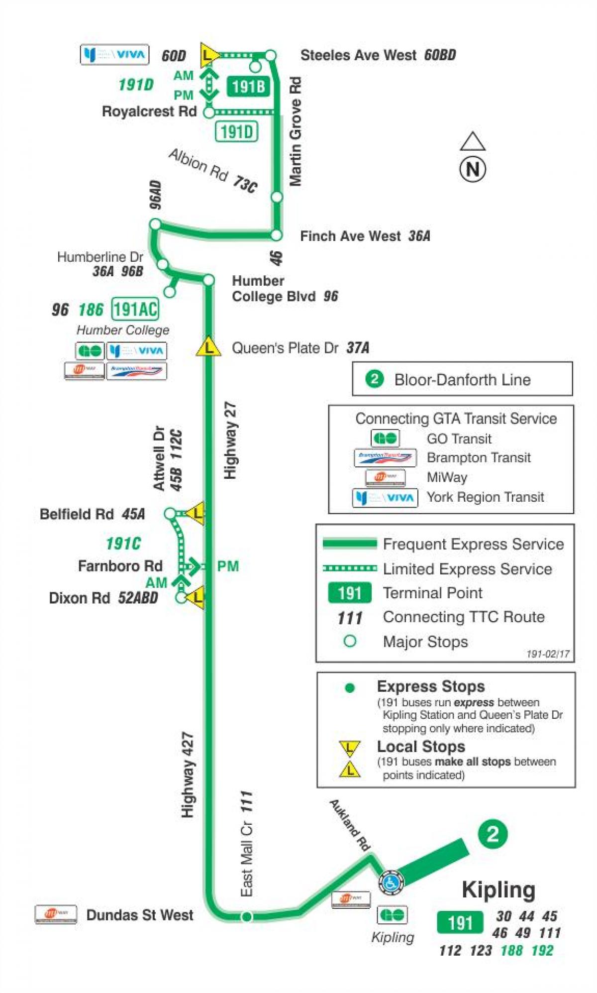 Kaart van TTC 191 Highway 27 Raket bus route Toronto