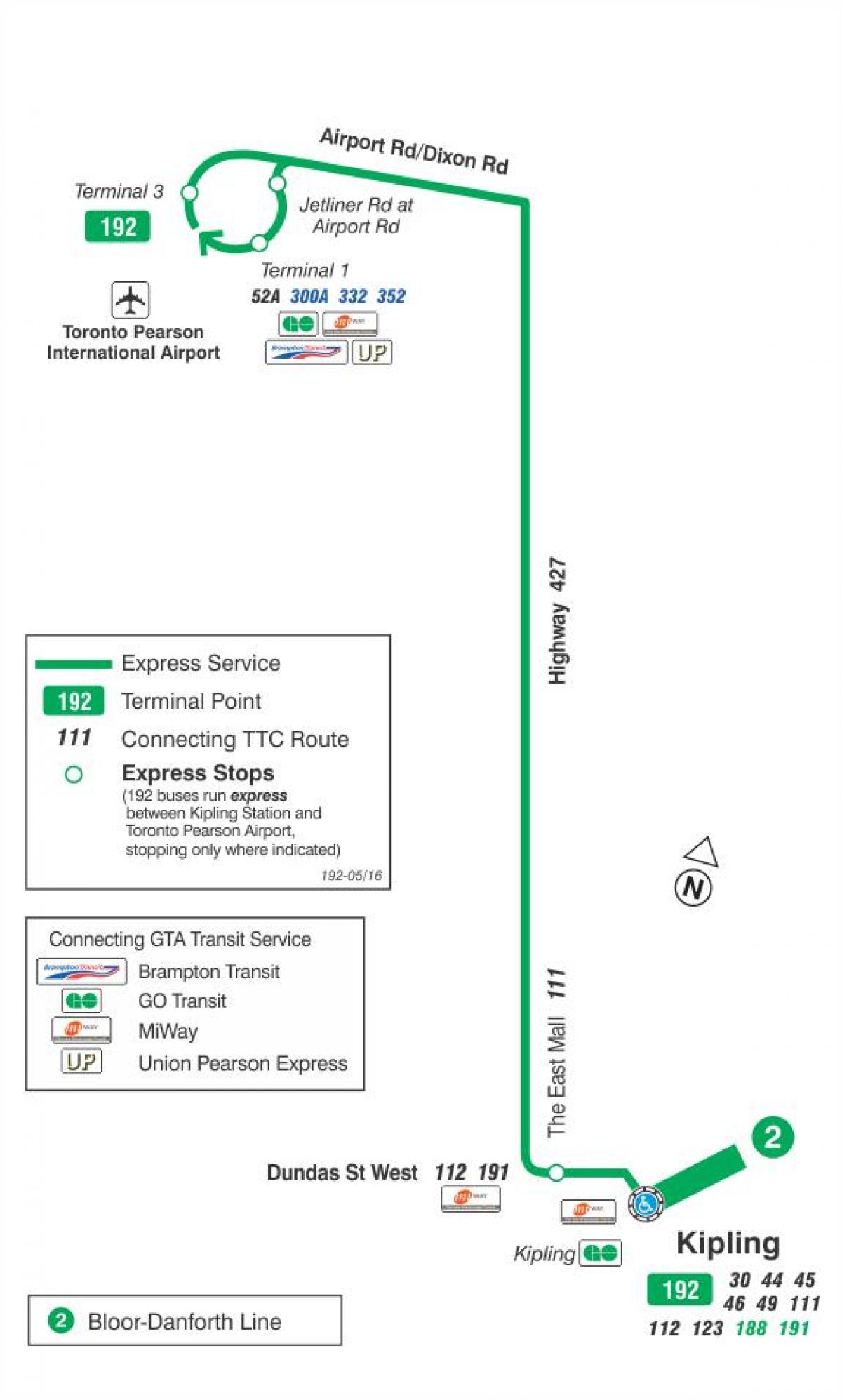 Kaart van TTC 192 Luchthaven Raket bus route Toronto
