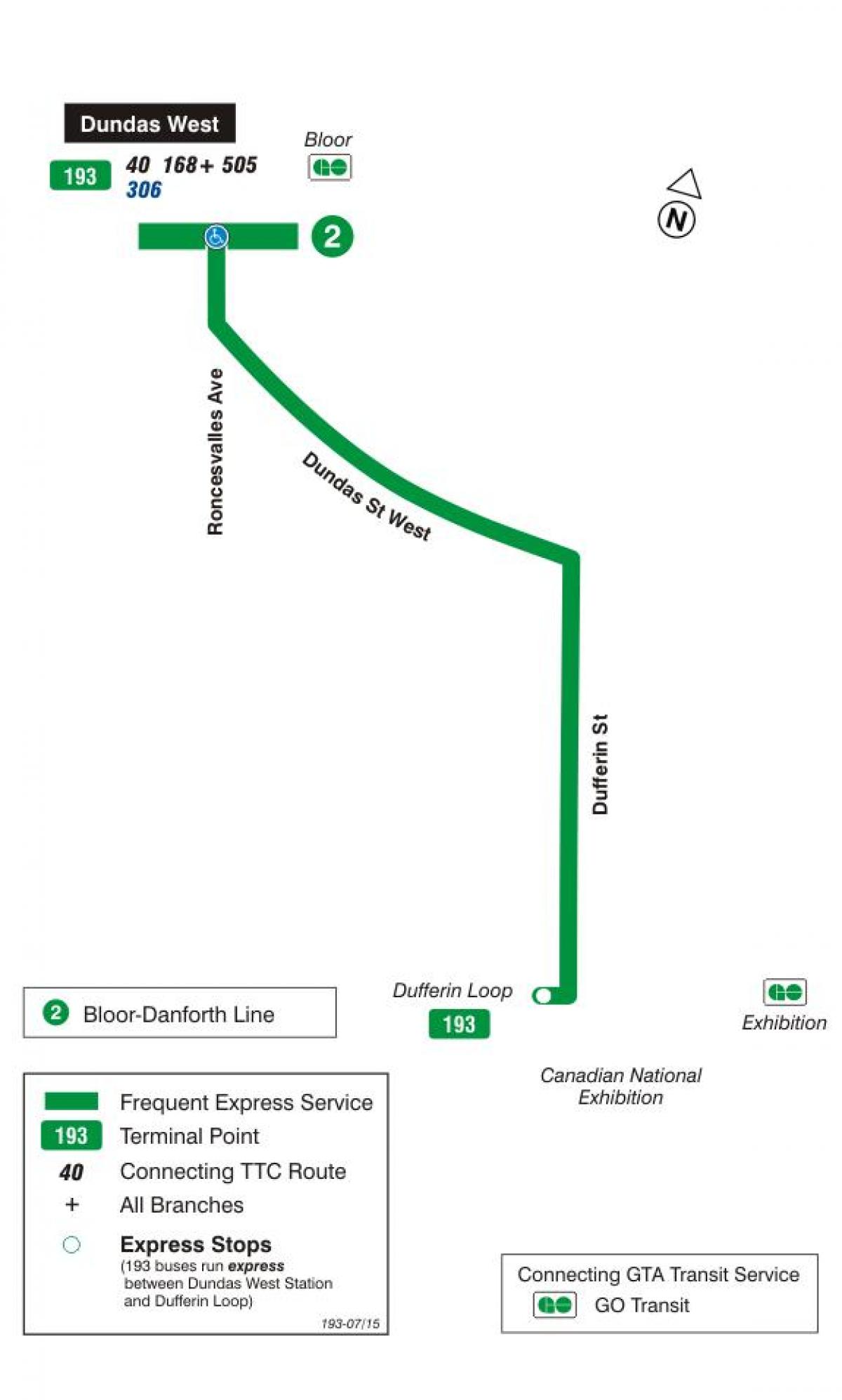 Kaart van TTC 193 Tentoonstelling Raket bus route Toronto