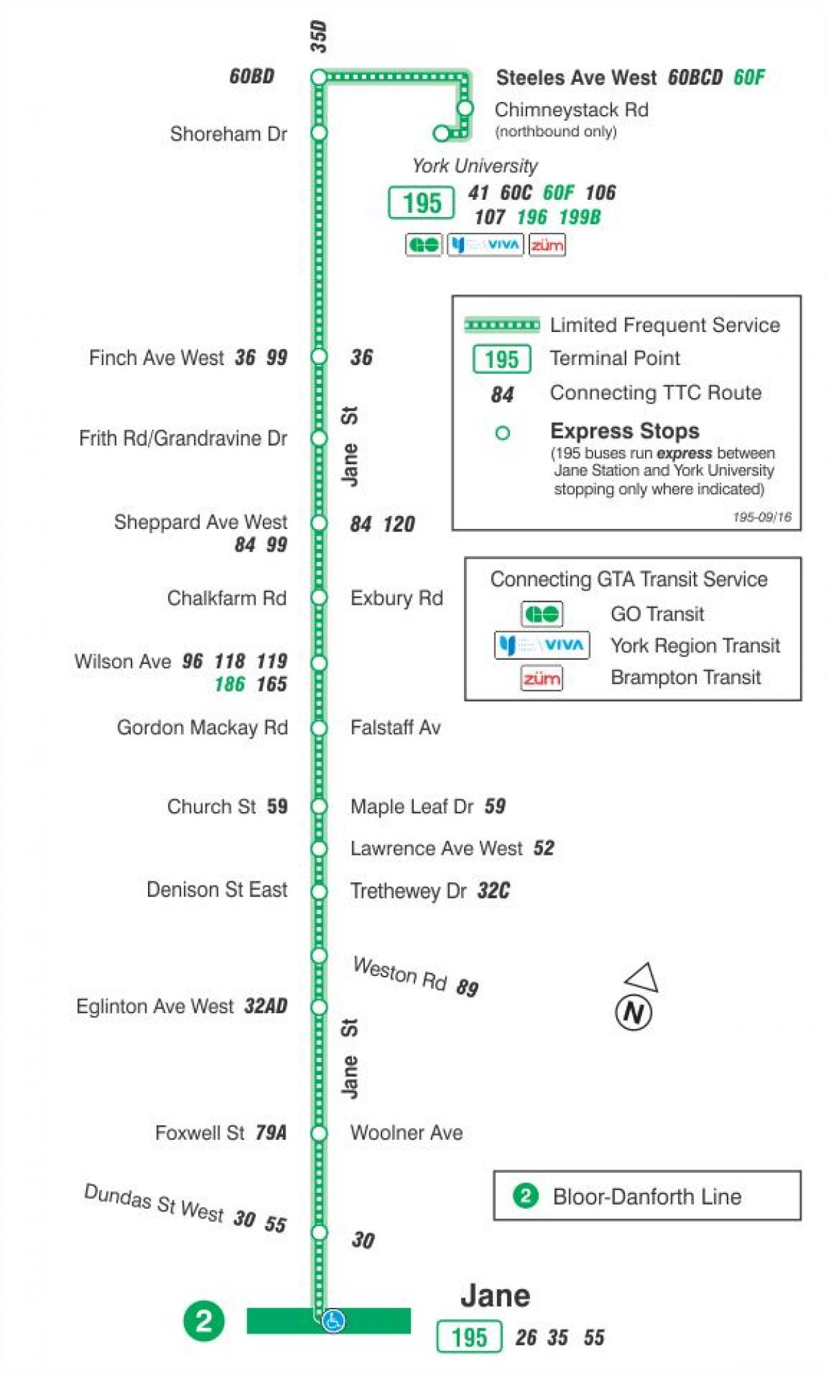 Kaart van TTC 195 Jane Raket bus route Toronto