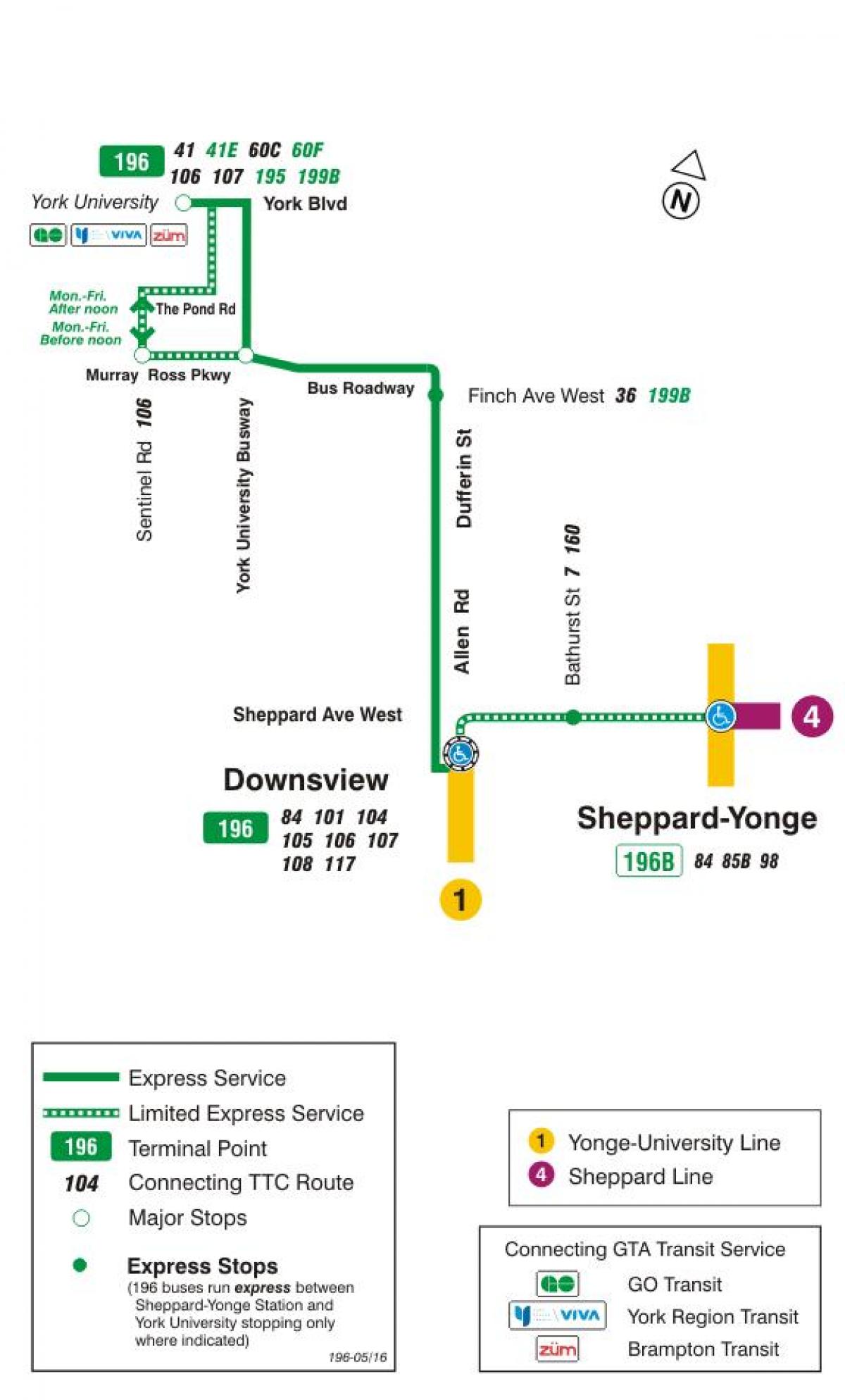 Kaart van TTC 196 York University Raket bus route Toronto