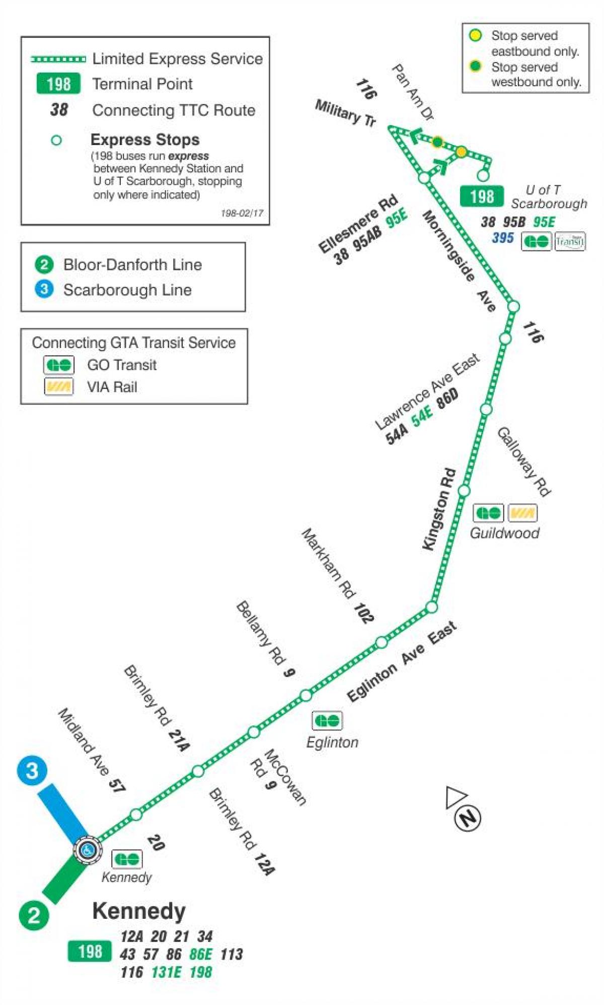 Kaart van TTC 198 U van T Scarborough Raket bus route Toronto