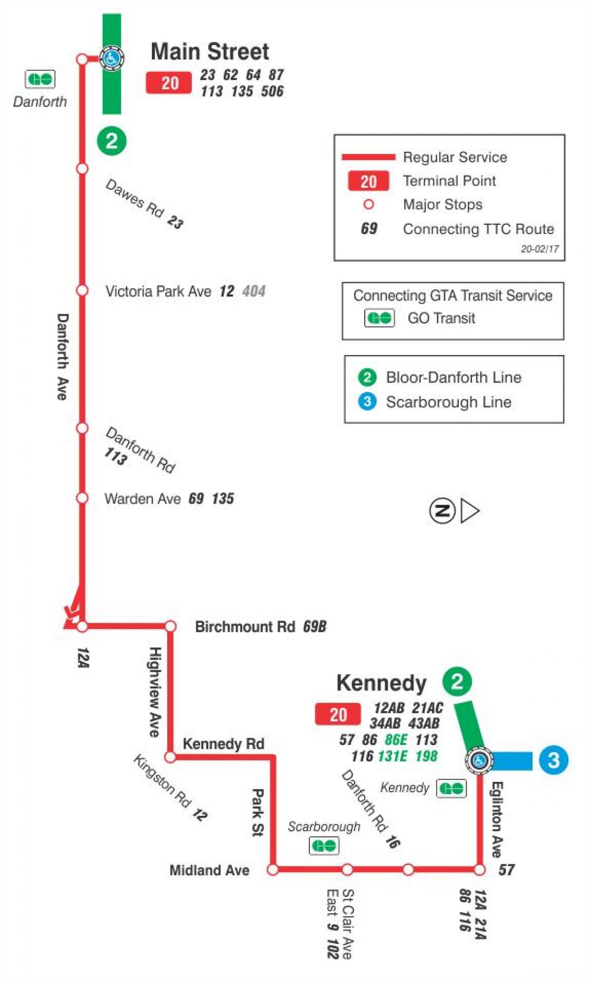 Kaart van TTC 20 Cliffside bus route Toronto