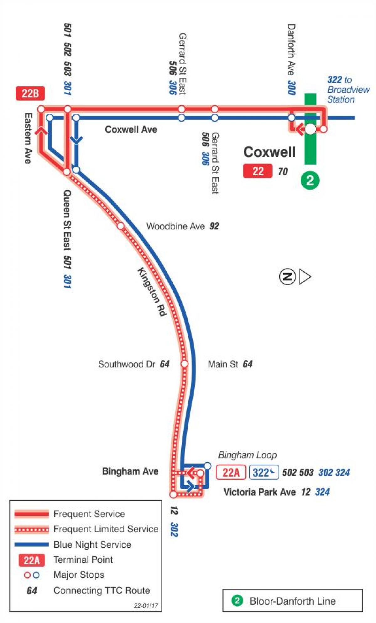 Kaart van TTC 22 Coxwell bus route Toronto