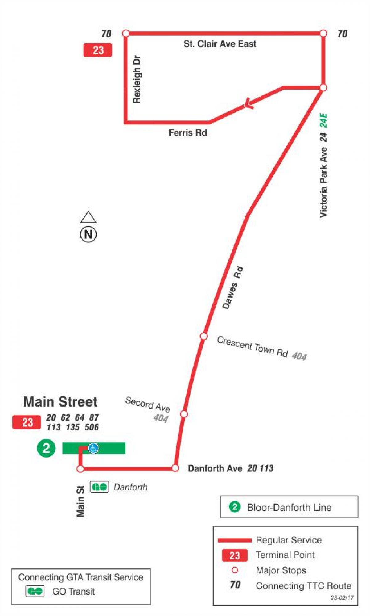 Kaart van TTC 23 Dawes bus route Toronto