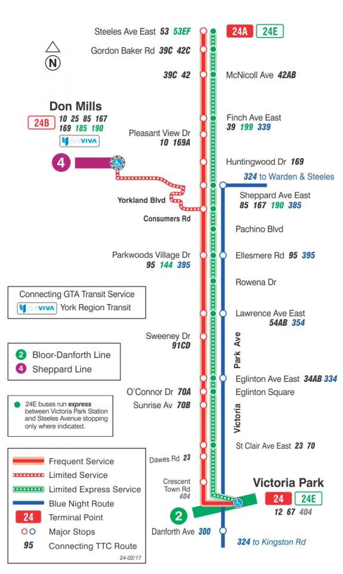 Kaart van TTC 24 Victoria Park bus route Toronto