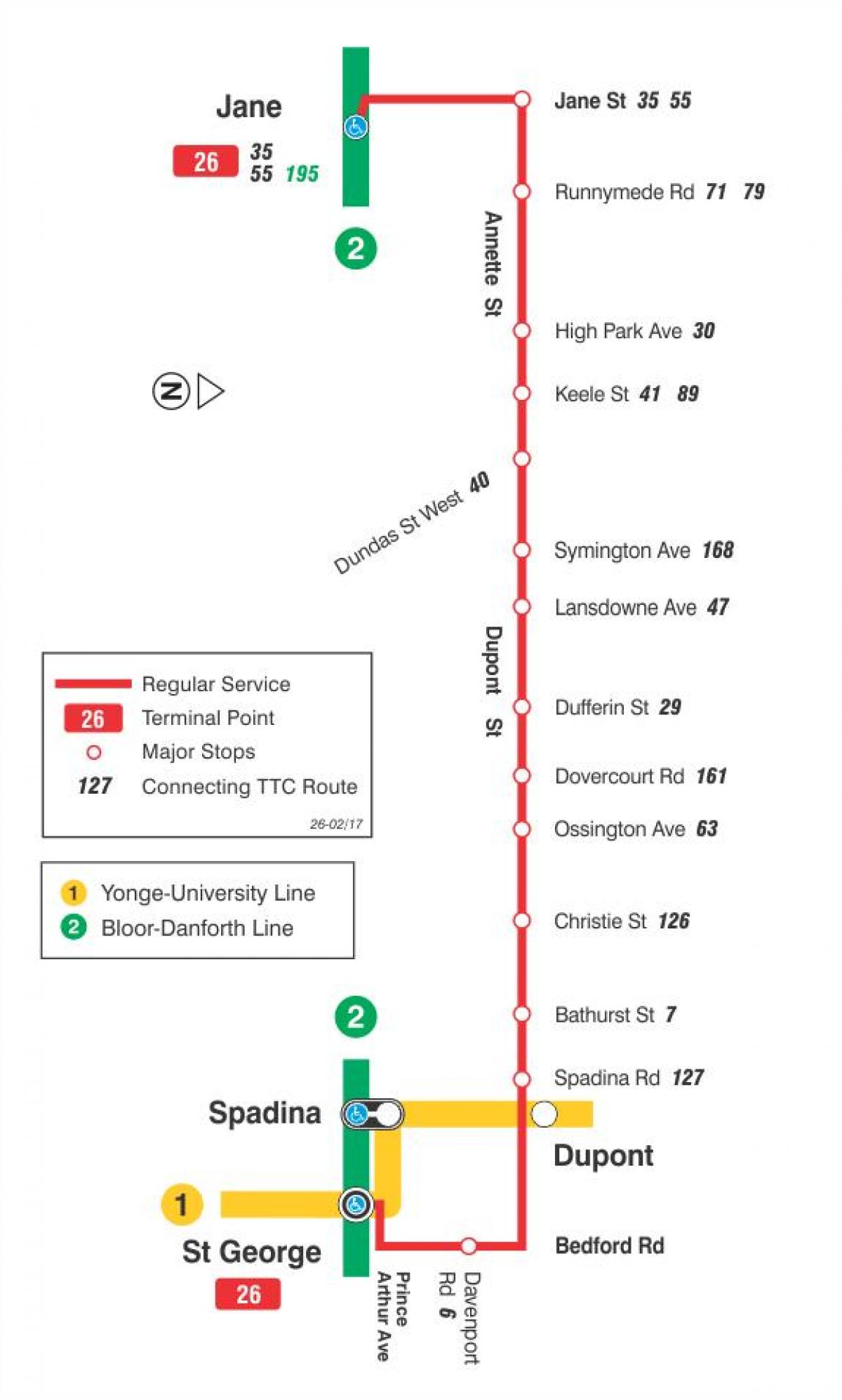 Kaart van TTC 26 Dupont bus route Toronto