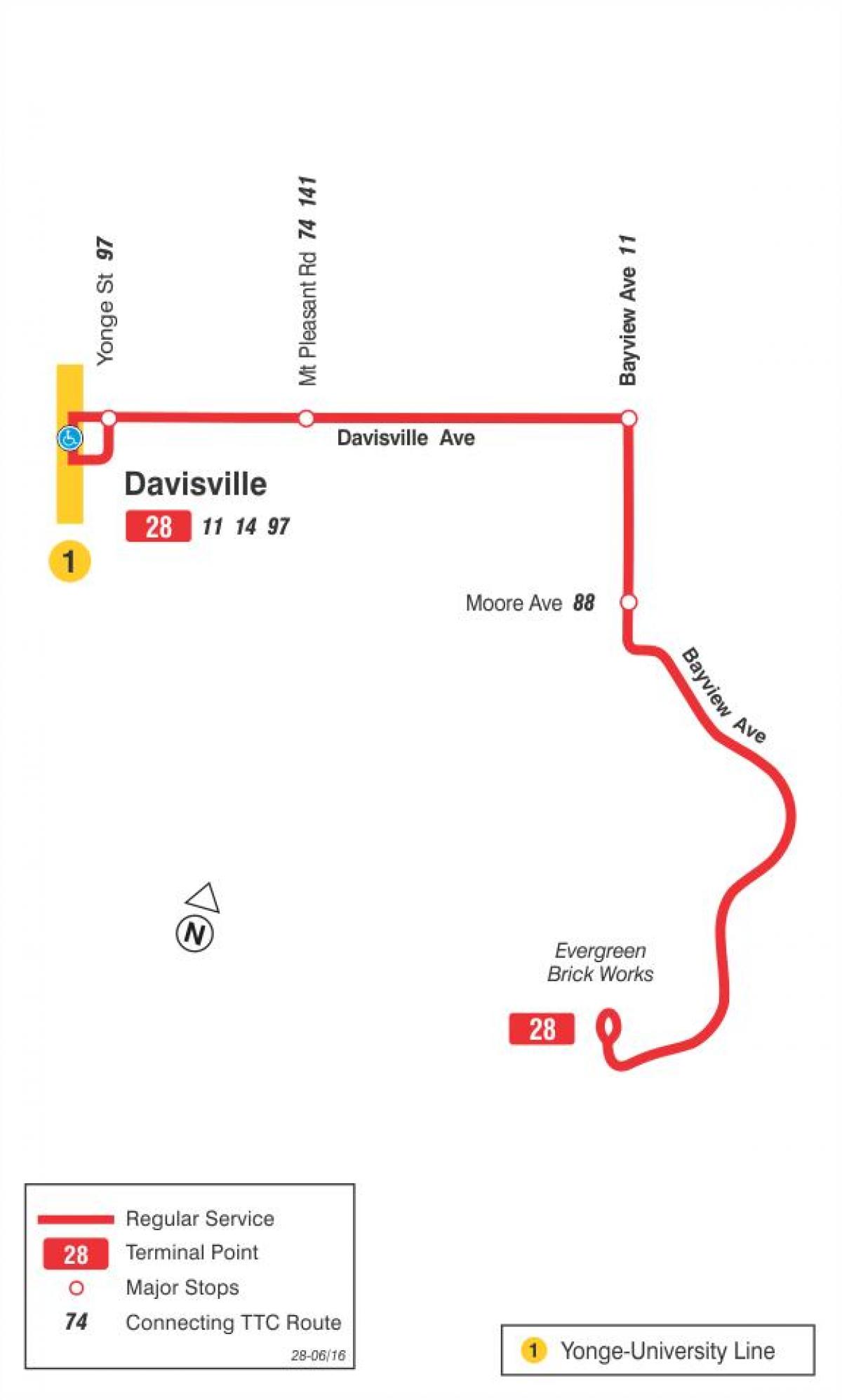Kaart van TTC 28 Bayview Zuid-bus route Toronto