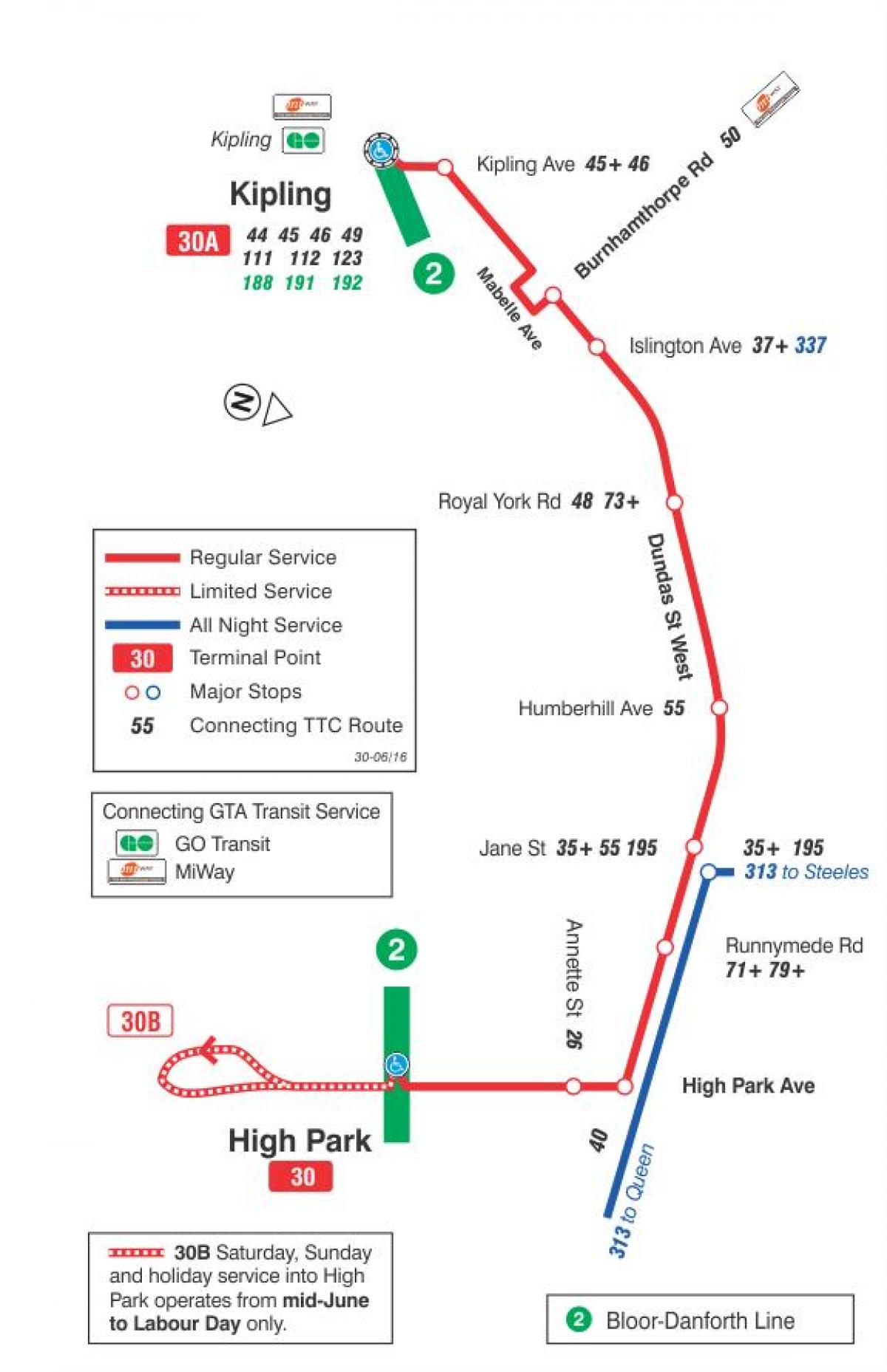 Kaart van TTC 30 Lambton bus route Toronto