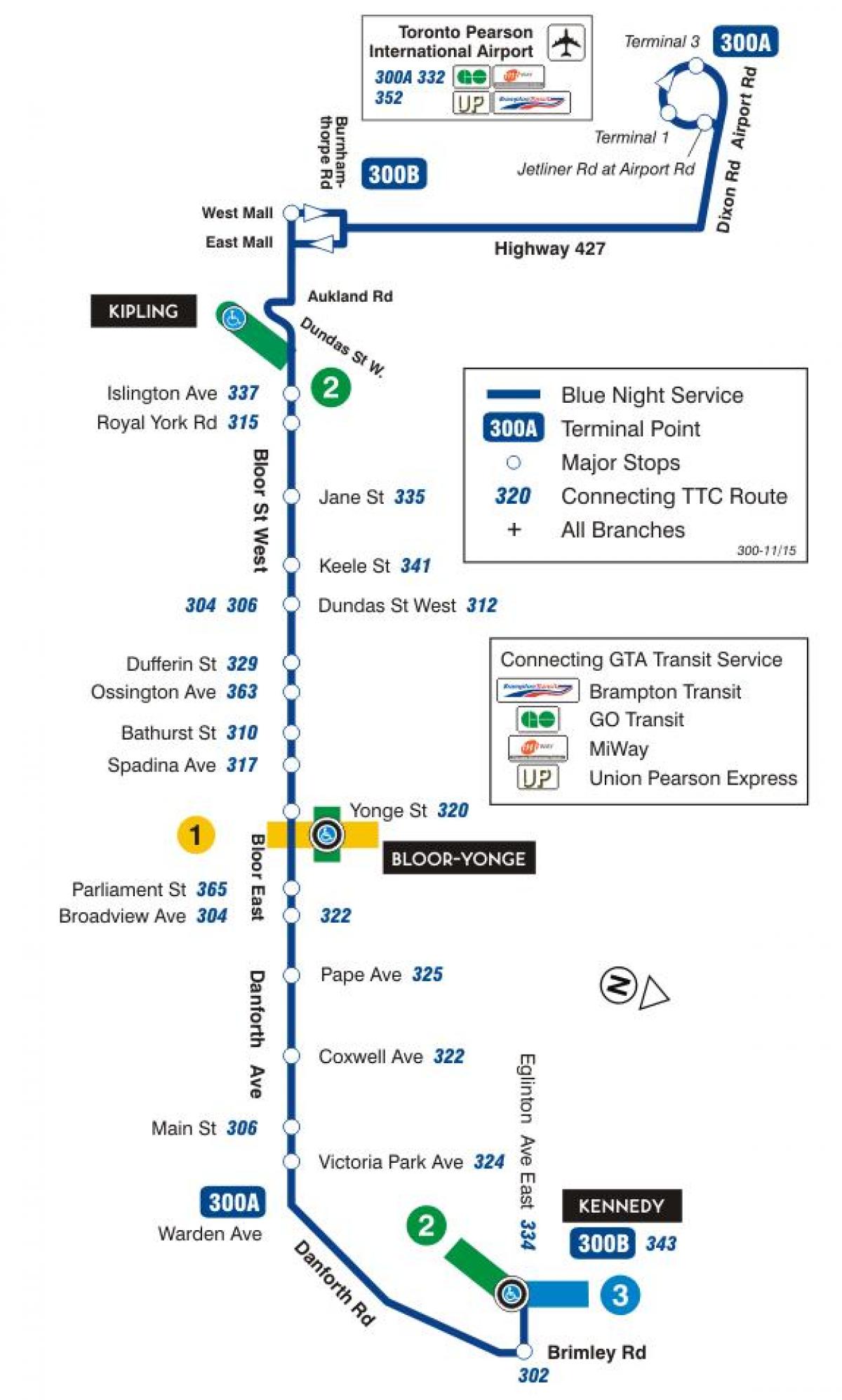 Kaart van TTC 300A Bloor-Danforth bus route Toronto