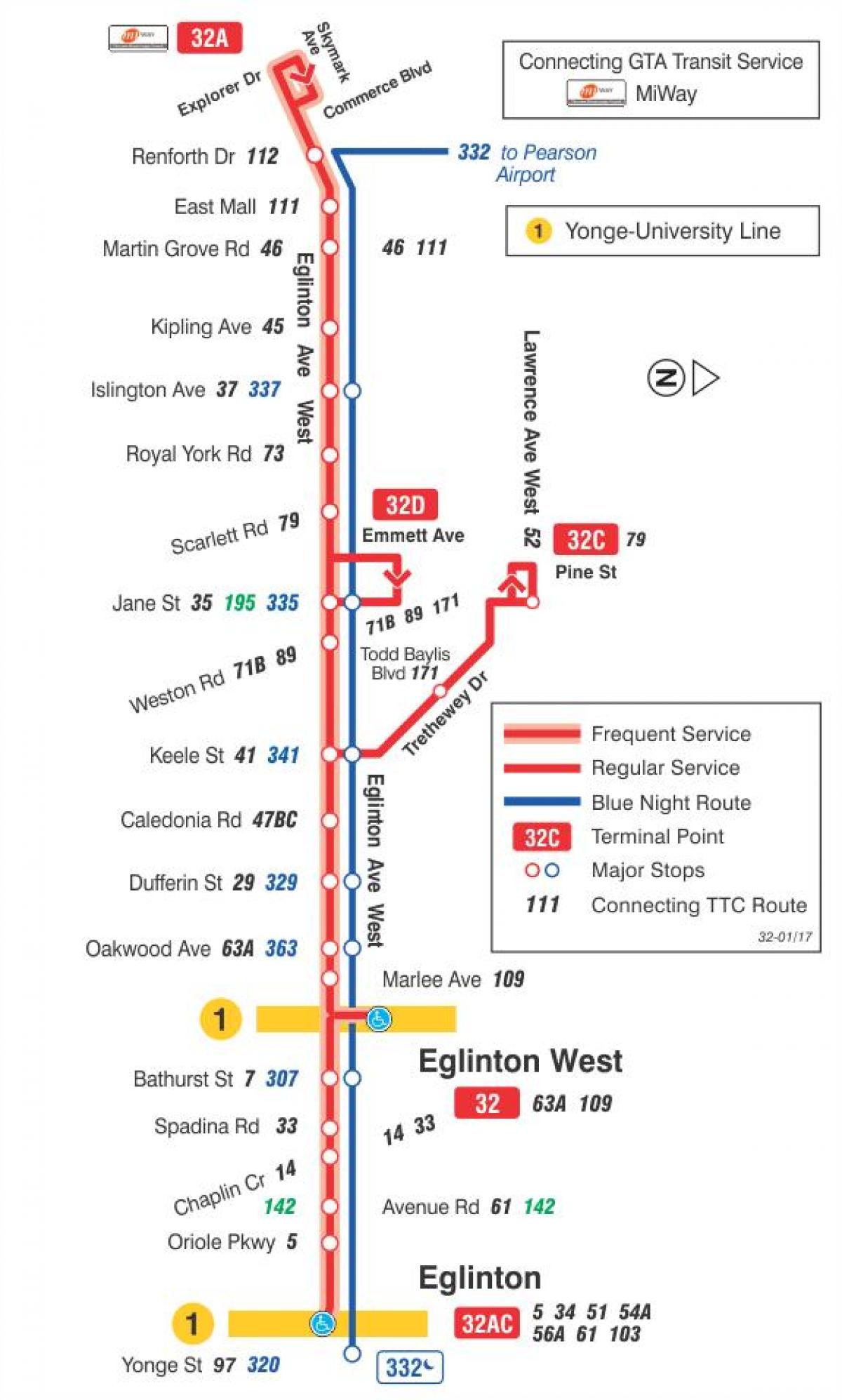 Kaart van TTC 32 Eglinton West bus route Toronto
