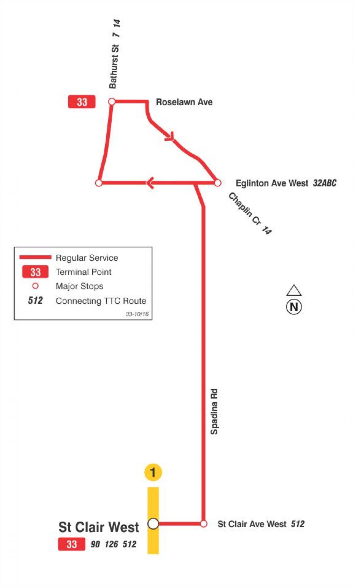 Kaart van TTC 33 Forest Hill bus route Toronto