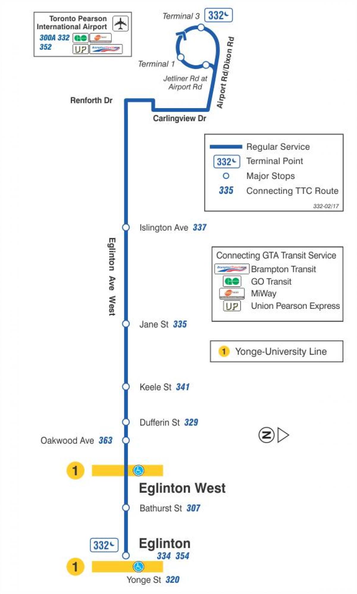 Kaart van TTC 332 Eglinton West bus route Toronto