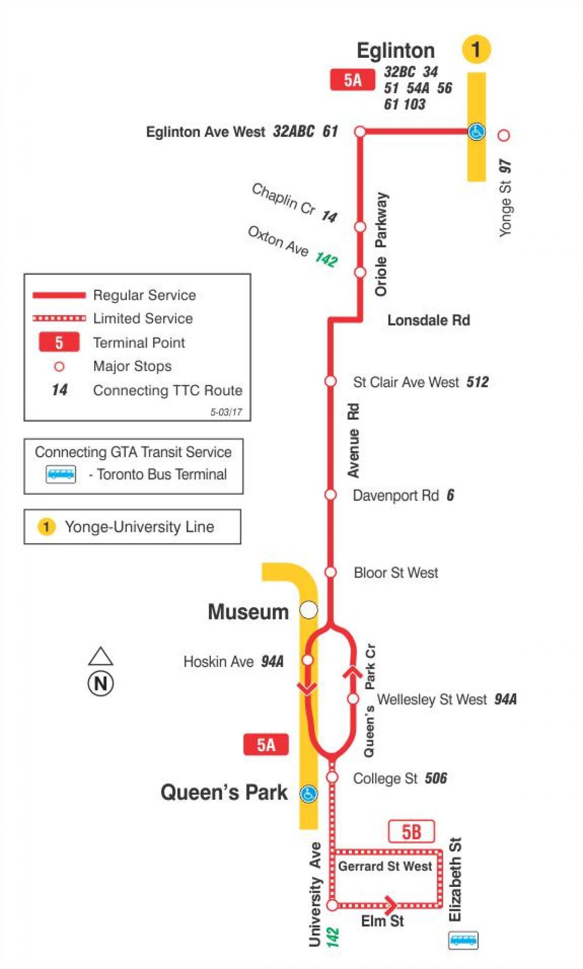 Kaart van TTC 5 Avenue Rd bus route Toronto